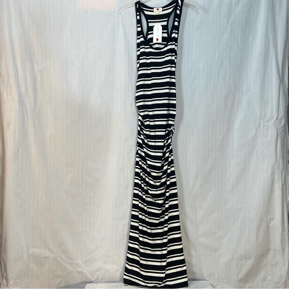 One Clothing Maxi Tee Shirt Dress Black & White Ruched Sides Side Slit M👍
